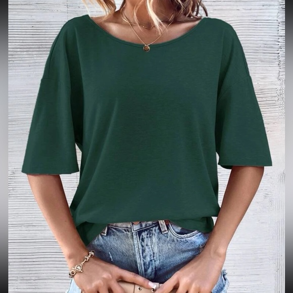 Classic Loose Fit Cut Out Back Batwing Sleeve Tee T Shirt Top Blouse Green - Picture 3 of 6